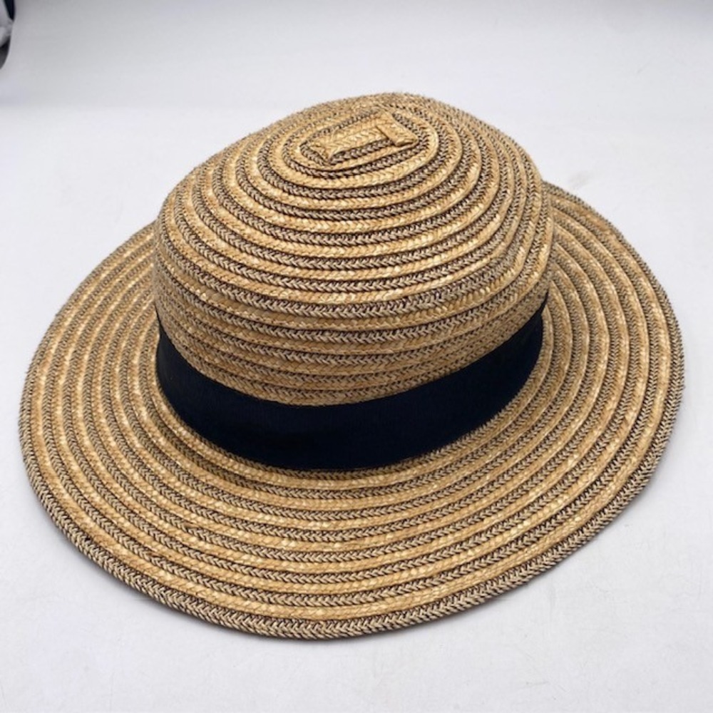 Sun N Sand Straw Boater Hat Womens OSFM Tan Black Ribbon Wide Brim Adjustable